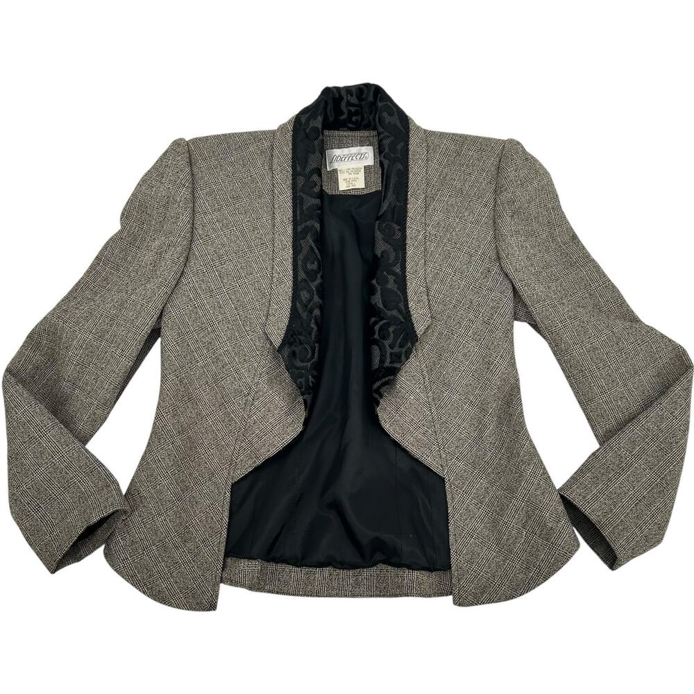 VTG 90s Womens Black Grey Sideffects Glen Check Plaid Velour Paisley Blazer Sz S - Picture 1 of 8